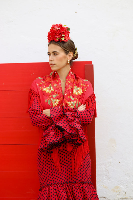 MANTÓN FLAMENCA BINIBECA BORDADO EN ROJO