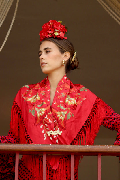 MANTÓN FLAMENCA BINIBECA BORDADO EN ROJO
